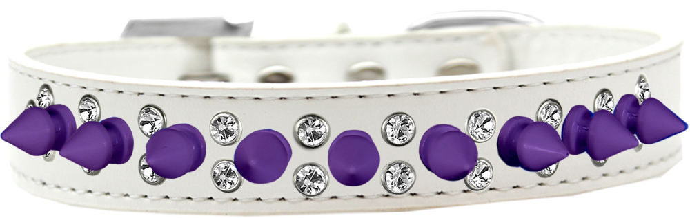 Double Crystal and Purple Spikes Dog Collar White Size 12